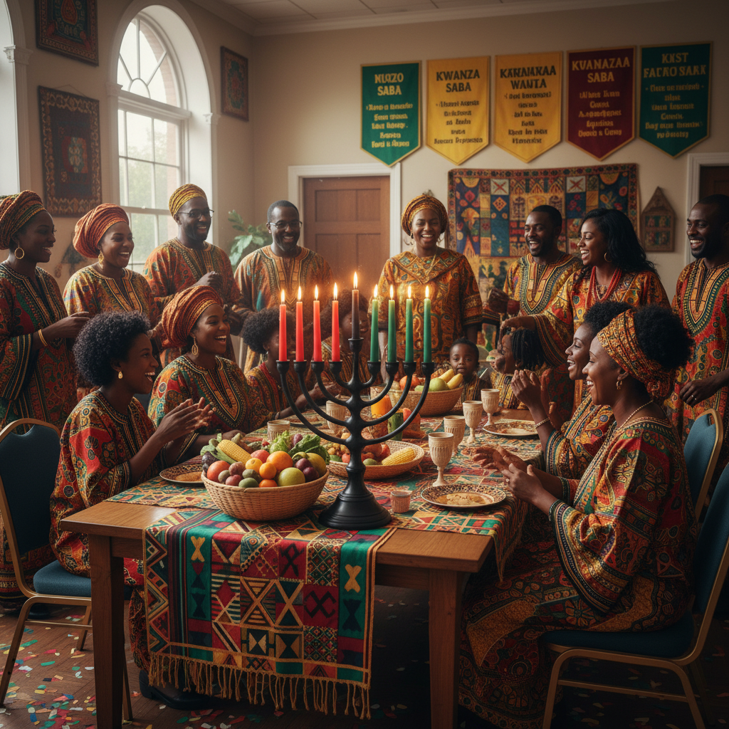 A vibrant Kwanzaa celebration scene in a community center, with a large, beautifully decorated Kinara at the center of a table covered with an African print Mkeka. Black families, dressed in festive cultural attire, are gathered around, smiling and engaging in conversation. Shot on Canon EOS R5, 35mm lens, natural lighting, editorial photography.