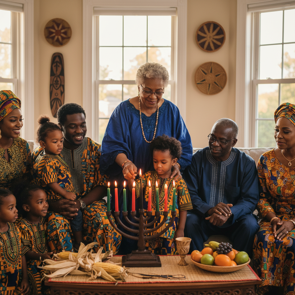 A Black family, including children and elders, participating in a Kwanzaa candle-lighting ceremony. The Kinara is central, with one elder gently guiding a child's hand to light a candle. Everyone is dressed in traditional African attire, smiling warmly. Shot on Canon EOS R5, 35mm lens, natural lighting, editorial photography.