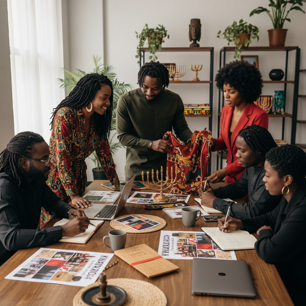 A diverse group of Black event planners and vendors collaborating around a large table, reviewing Kwanzaa celebration plans and decor samples. They are engaged, professional, and culturally aware. Shot on Canon EOS R5, 35mm lens, natural lighting, editorial photography.