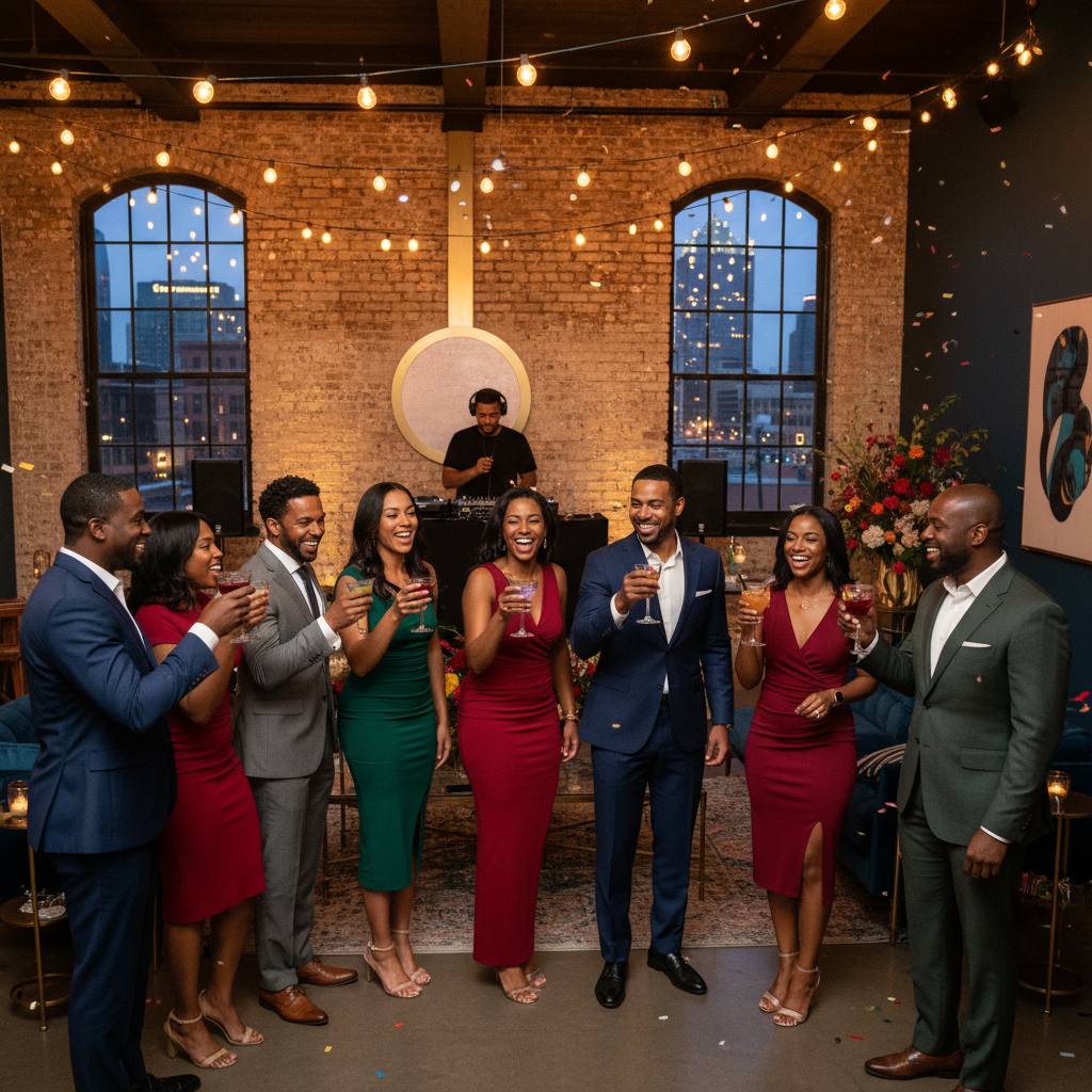 A vibrant adult birthday party in a stylish Dallas loft, featuring African American guests dressed in smart casual attire, laughing and toasting with cocktails under warm string lights, with a DJ booth subtly in the background.