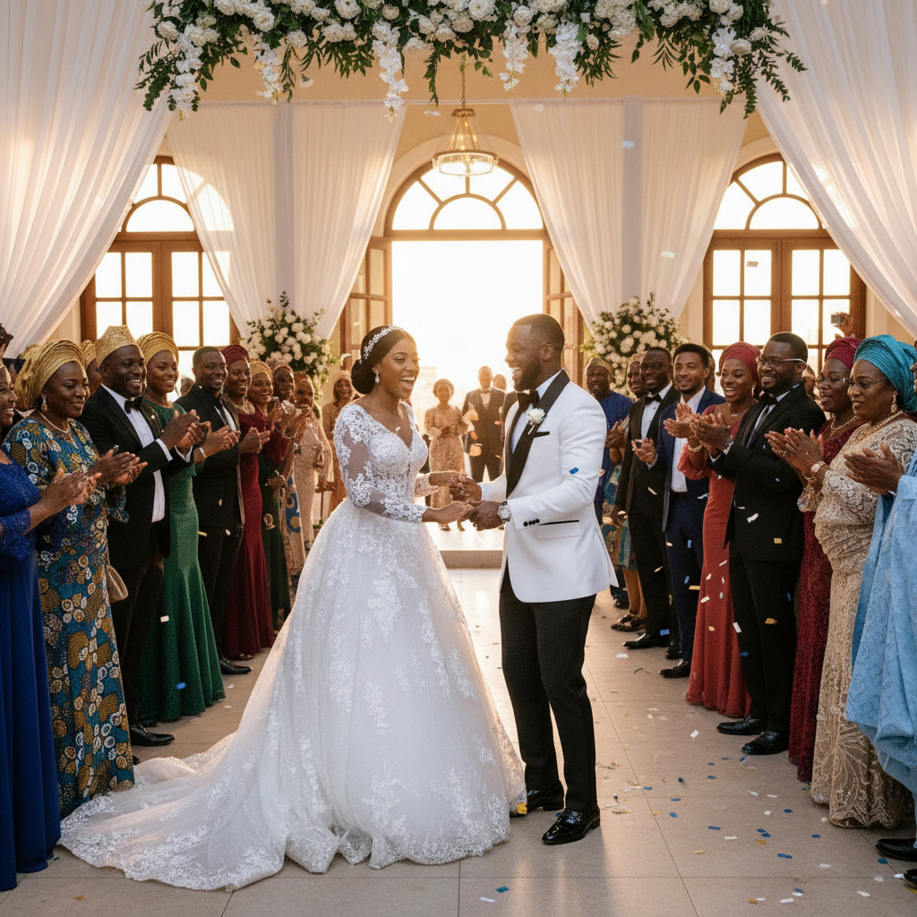 A Black couple in elegant white wedding attire, dancing joyfully at their reception, surrounded by guests in a mix of Western formal wear and vibrant Nigerian traditional outfits. Shot on Canon EOS R5, 35mm lens, natural lighting, editorial photography.