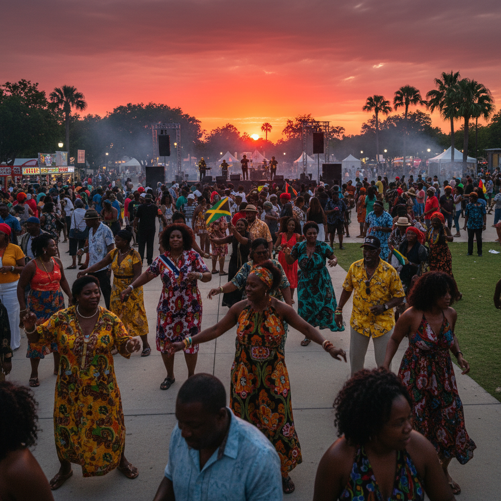 A lively outdoor event with African American and Afro-Caribbean people dancing enthusiastically, some waving small flags. The sun is setting, casting warm light on the scene.