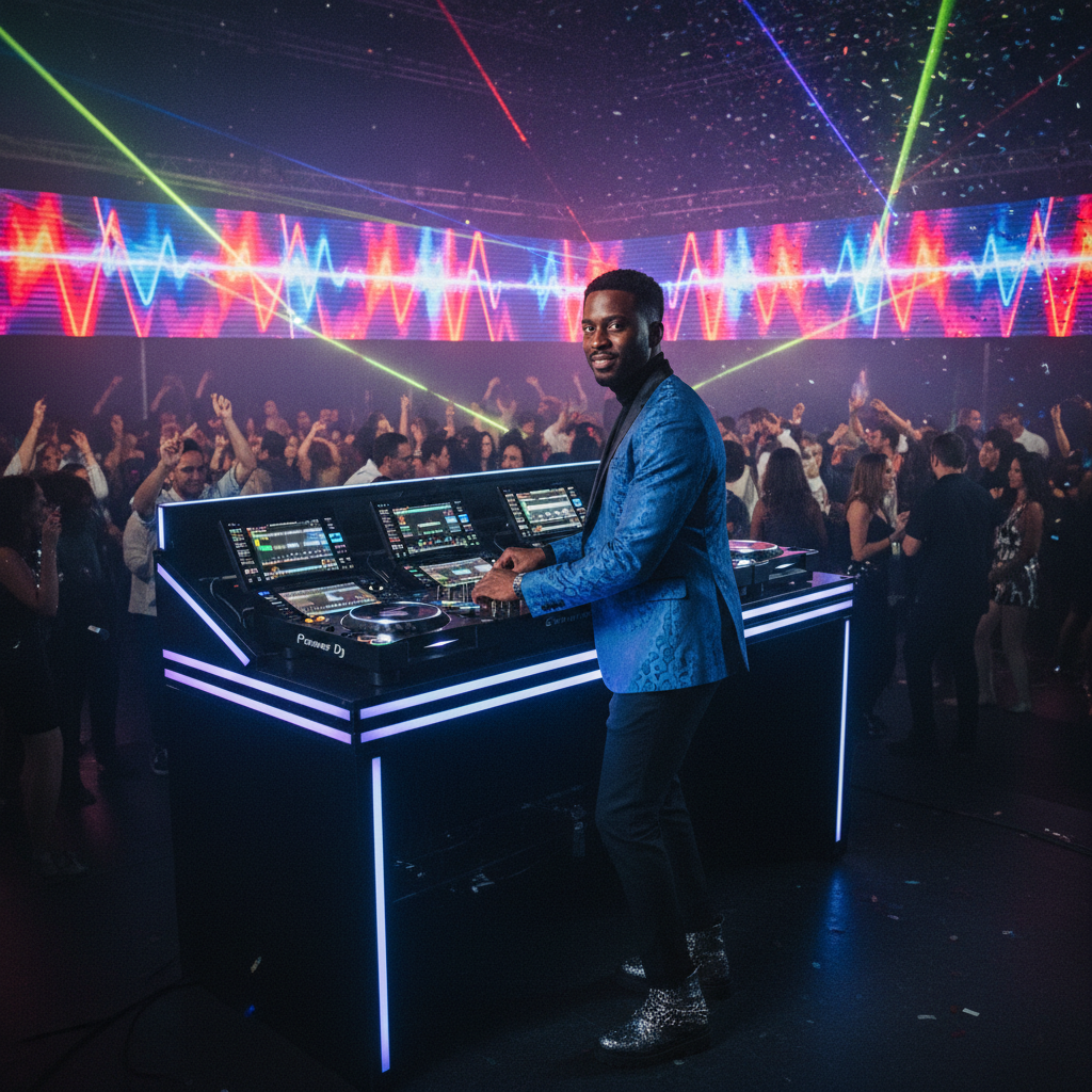 A professional Black DJ, dressed stylishly, confidently mixing tracks on a state-of-the-art console at a vibrant, dimly lit event. Colorful lights illuminate the dance floor where a diverse crowd is moving.