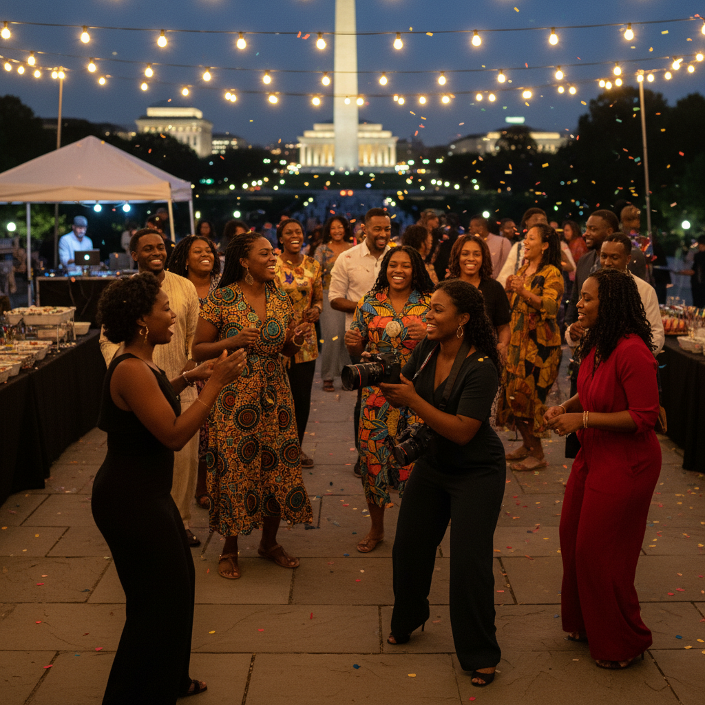 A diverse group of joyful African American and Afro-Caribbean guests dancing at a vibrant outdoor evening event in Washington D.C., with a professional Black female photographer discreetly capturing candid moments amidst the celebration. String lights illuminate the scene. Shot on Canon EOS R5, 35mm lens, natural lighting, editorial photography.