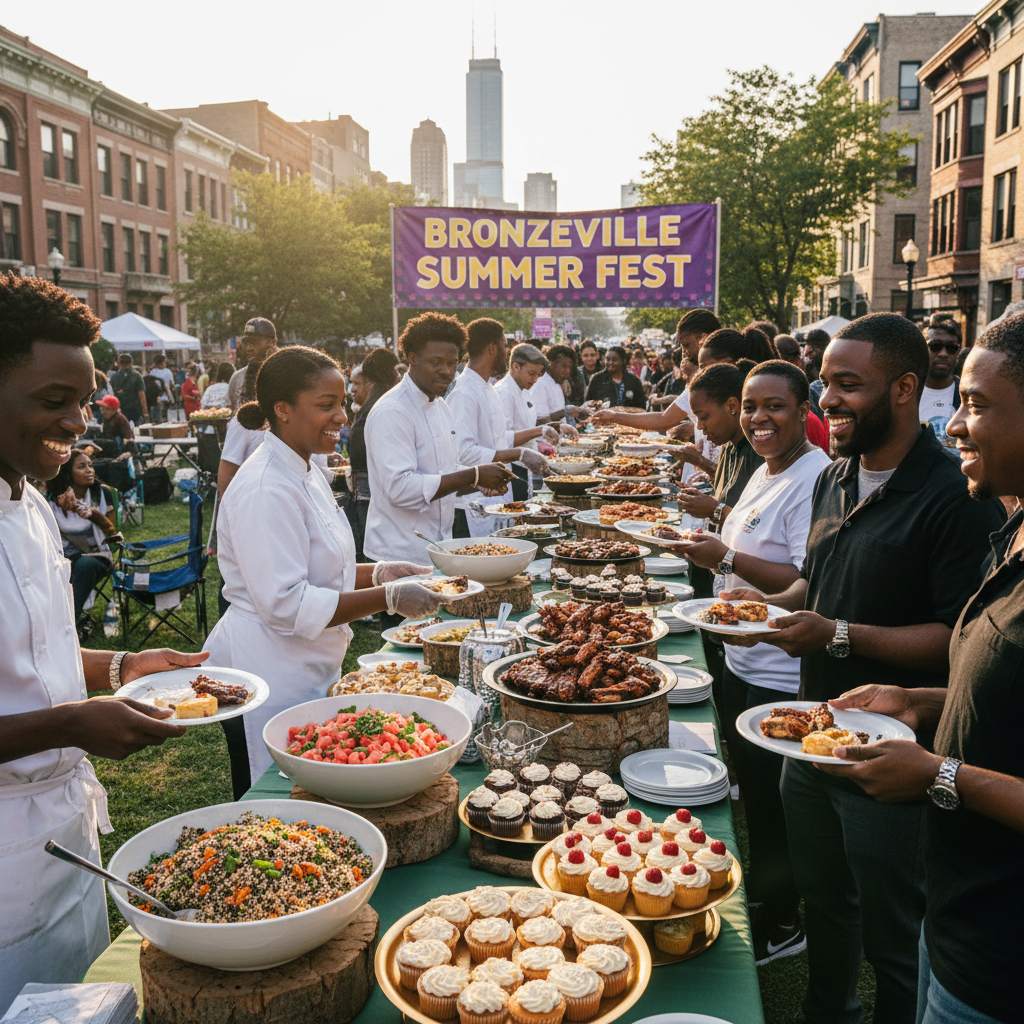 A vibrant outdoor event in Chicago's Bronzeville neighborhood, with Black guests laughing and enjoying a buffet spread prepared by a catering team. The food includes colorful salads, grilled meats, and beautifully presented desserts. Shot on Canon EOS R5, 35mm lens, natural lighting, editorial photography.