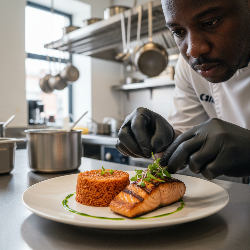 A close-up shot of a Black chef meticulously garnishing a plate of gourmet jollof rice and grilled salmon at a catering event. The kitchen is clean and professional. Shot on Canon EOS R5, 35mm lens, natural lighting, editorial photography.
