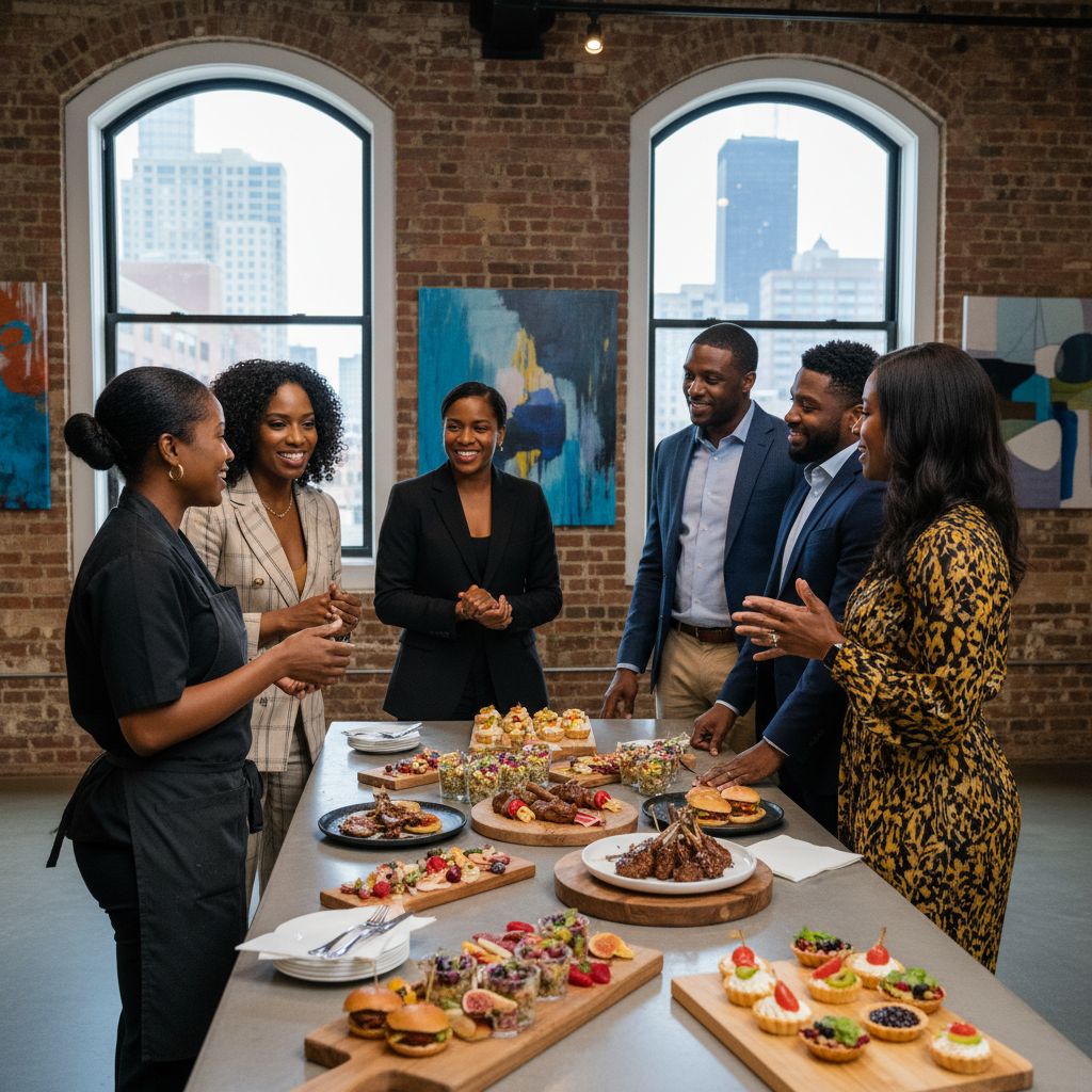 A diverse group of Black event planners and a Black caterer having a friendly, professional discussion over a table laden with food samples in a modern Chicago event space. Shot on Canon EOS R5, 35mm lens, natural lighting, editorial photography.