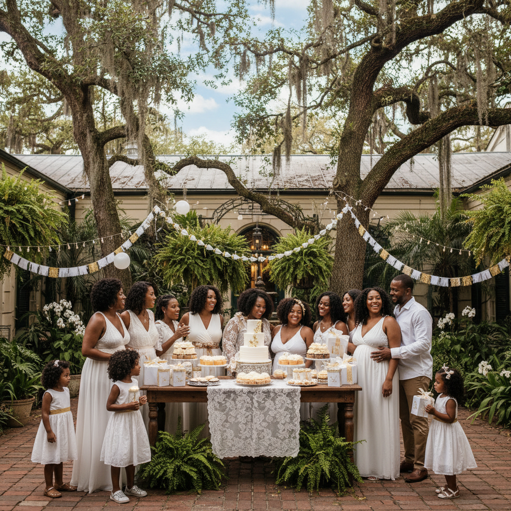 An intimate baby shower gathering of diverse Black women and their families in a lush, historic New Orleans courtyard, adorned with delicate white and gold decorations, a dessert table with cupcakes, and guests exchanging gifts and laughter. Shot on Canon EOS R5, 35mm lens, natural lighting, editorial photography.