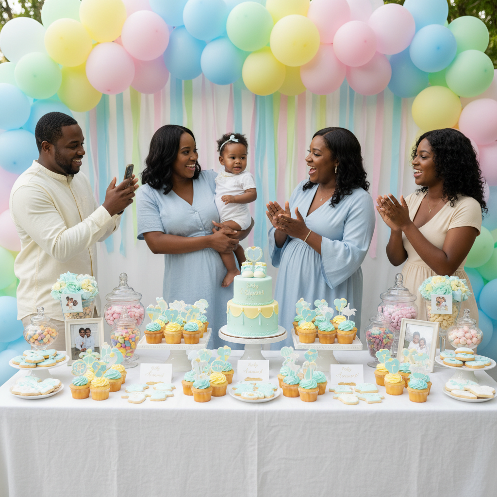 A vibrant baby shower dessert table featuring an array of colorful treats, including cupcakes with baby-themed toppers, cookies, and a small cake, set against a backdrop of soft pastel balloons and streamers. The table is neatly arranged with personalized touches. Shot on Canon EOS R5, 50mm lens, soft natural light, editorial photography.