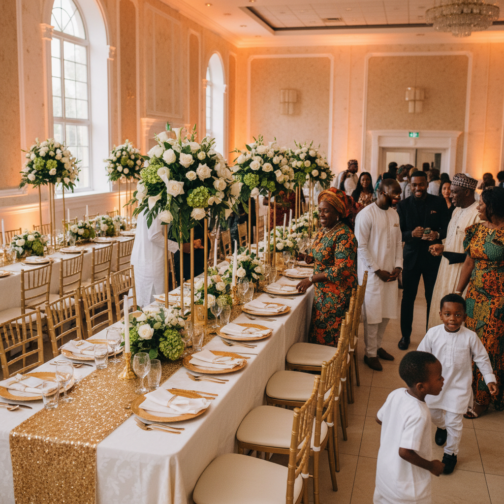A wide shot of an elegantly decorated event hall for a Nigerian naming ceremony, featuring long tables with gold sequin runners, elaborate floral centerpieces in white and emerald green, and soft amber uplighting washing the walls. Black guests are seen mingling and smiling. Shot on Canon EOS R5, 35mm lens, natural lighting, editorial photography.