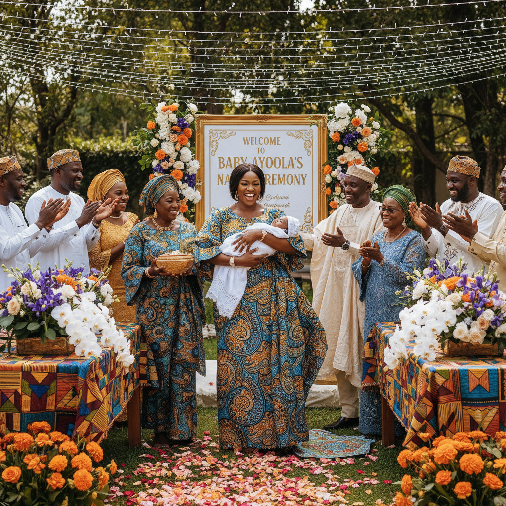 A proud Black mother holding her newborn at a beautifully decorated Nigerian naming ceremony, surrounded by smiling family members. The decor includes vibrant Ankara fabric accents and elegant floral arrangements. Shot on Canon EOS R5, 35mm lens, natural lighting, editorial photography.