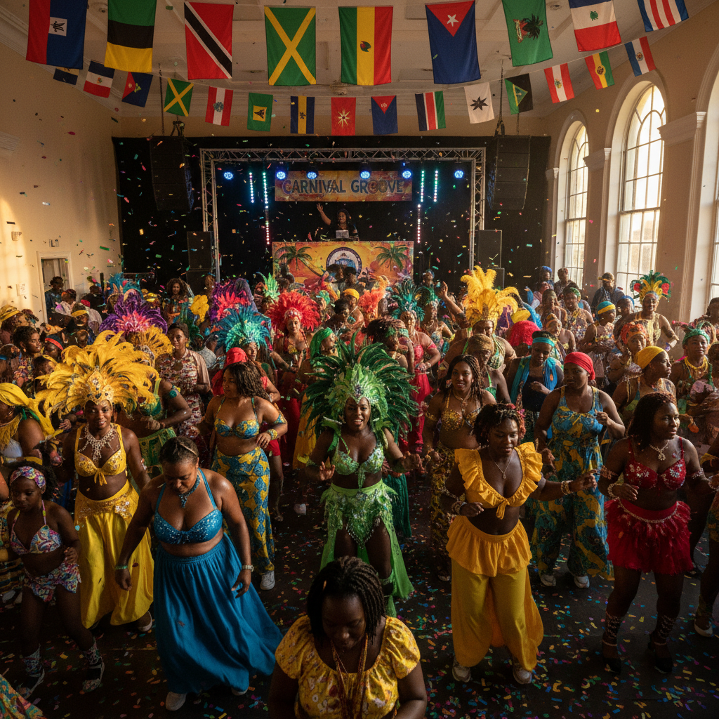 A vibrant, high-energy Caribbean Carnival party scene indoors, with Black people dancing joyfully in colorful outfits, a DJ booth in the background, and decorative flags from various Caribbean islands overhead. Shot on Canon EOS R5, 35mm lens, natural lighting, editorial photography.