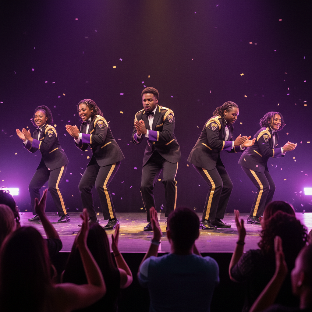 An energetic African American step team, dressed in sharp, coordinated outfits, performing intricate percussive movements on a stage bathed in vibrant purple and gold lights. Their faces show intense focus and joy as the audience claps along.