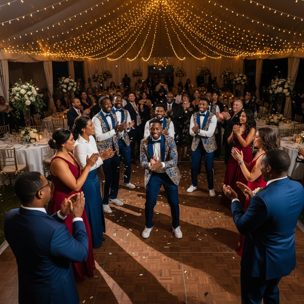 An African American step team interacting joyfully with wedding guests on the dance floor, teaching them a simple step sequence, under warm string lights.