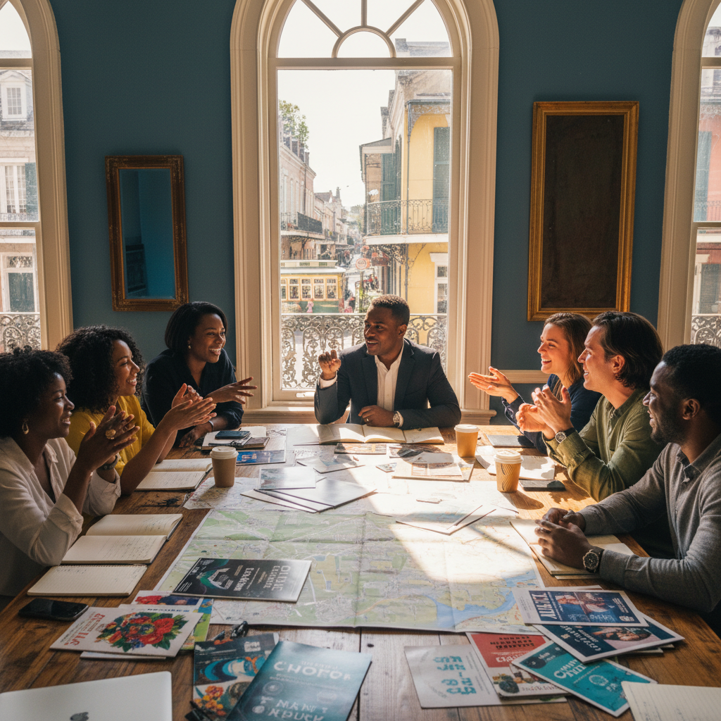 A diverse group of event planners, including African American and Afro-Caribbean individuals, are enthusiastically discussing vendor options around a large table, with maps of New Orleans and various vendor brochures spread out. Sunlight streams through a large window overlooking a historic NOLA street.