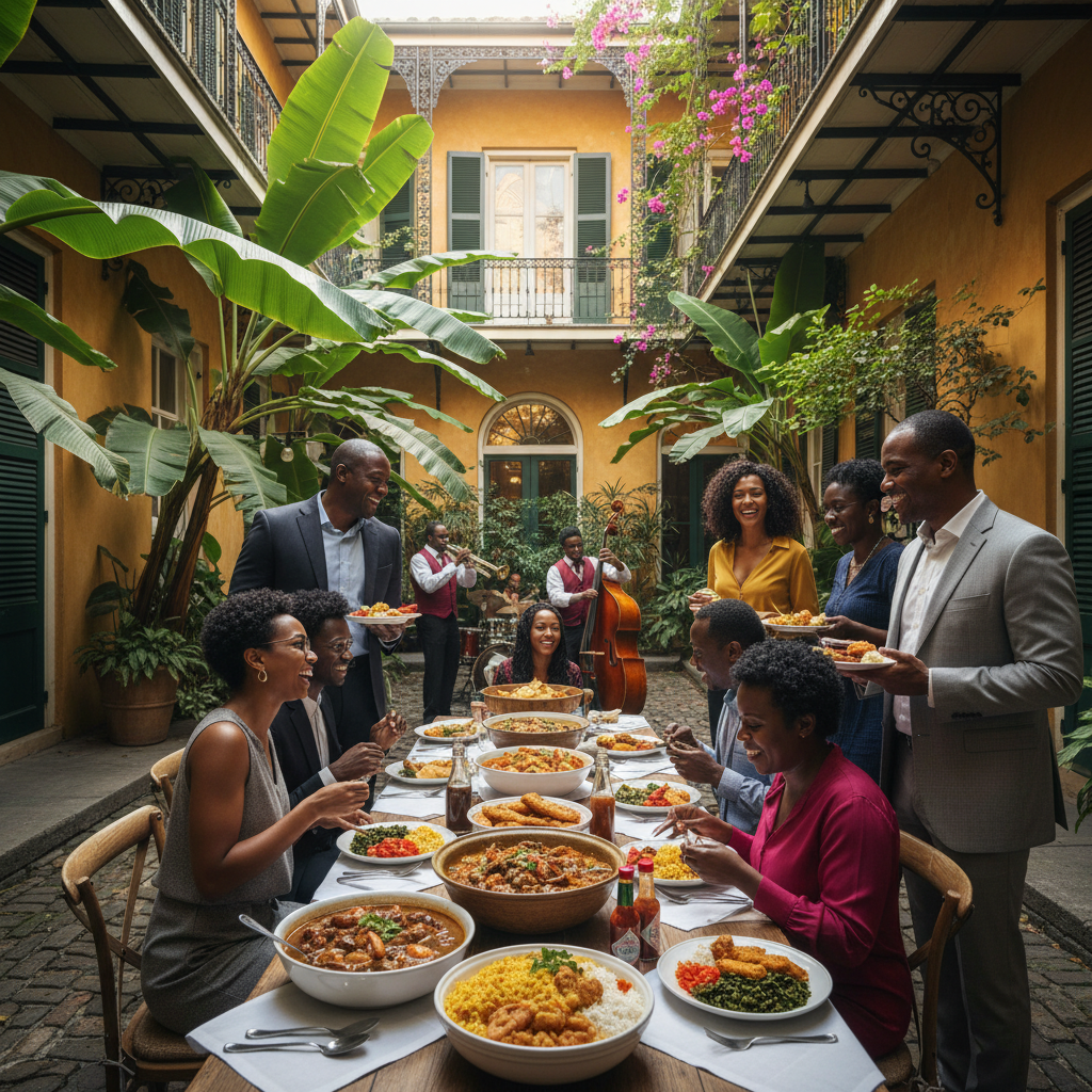 A corporate team enjoys a catered lunch outdoors in a lush New Orleans courtyard, featuring vibrant local dishes like gumbo and jambalaya. Sunlight filters through tropical plants, and a small jazz ensemble plays softly in the background.