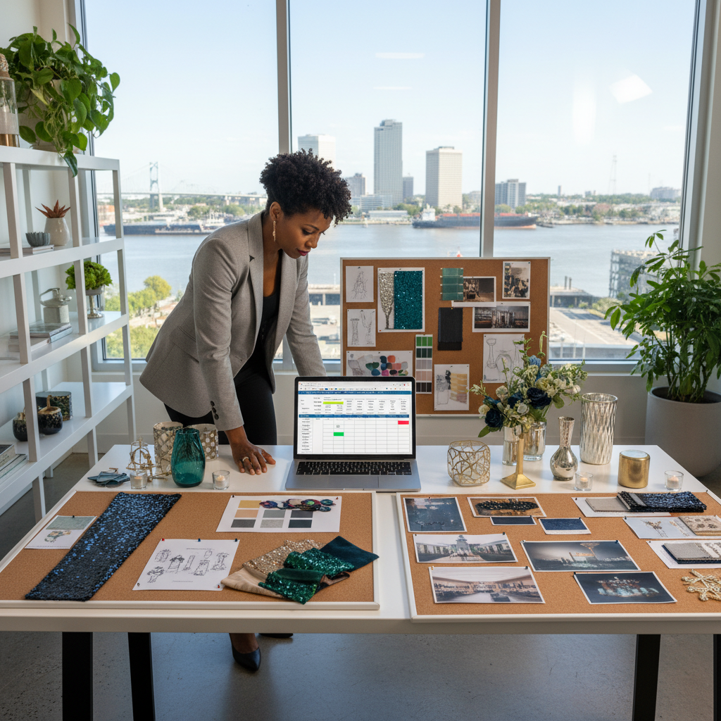 An African American event planner reviews a detailed budget spreadsheet on a laptop, surrounded by mood boards and decor samples for a corporate event, in a bright, modern office space overlooking the Mississippi River in New Orleans.