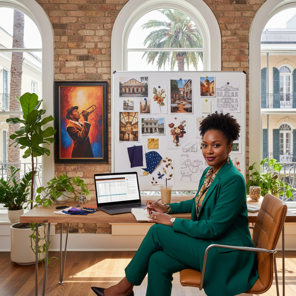 A Black female event planner sits at a modern desk in a vibrant New Orleans office, reviewing a detailed spreadsheet of costs and a client proposal on her laptop. The office features local art and a mood board with event inspiration. Shot on Canon EOS R5, 35mm lens, natural lighting, editorial photography.