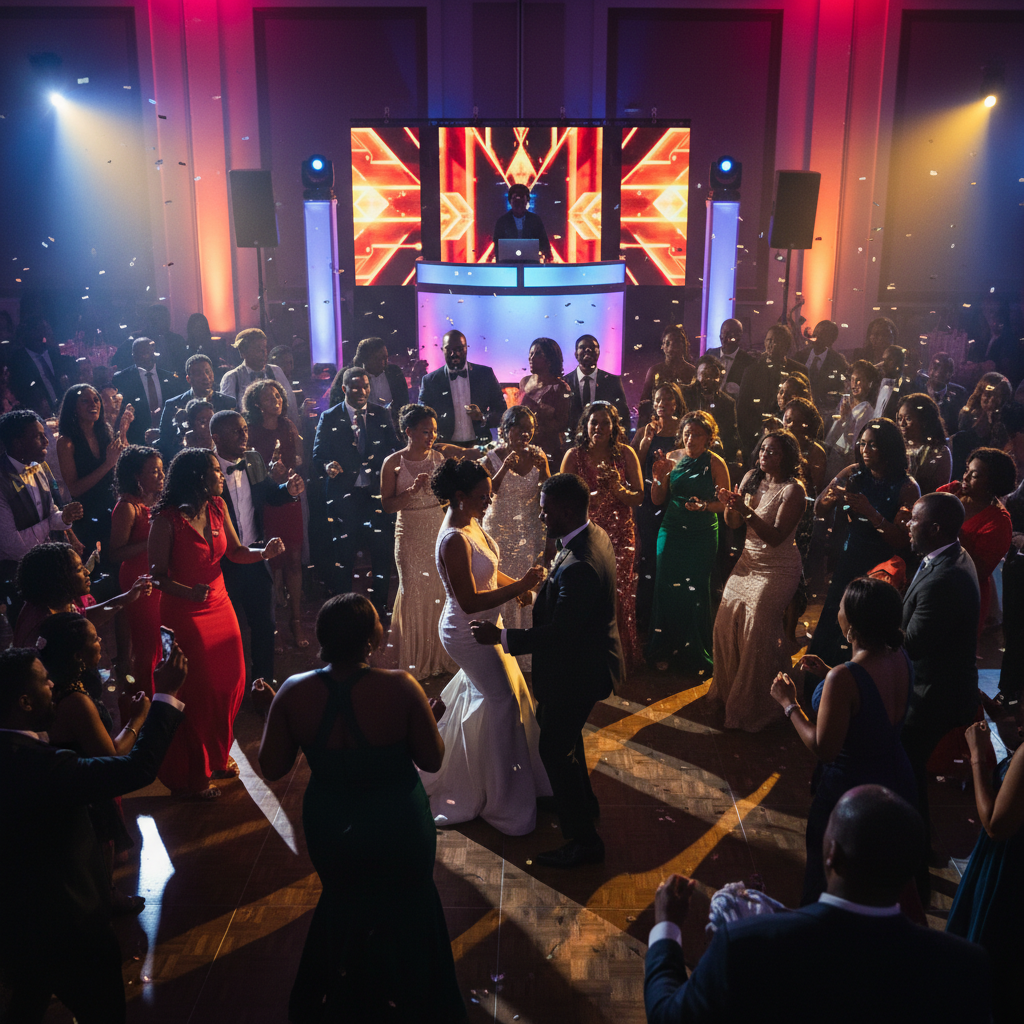 A vibrant wedding reception dance floor filled with African American guests in elegant attire, joyfully dancing to a DJ playing Afrobeats. The DJ booth is subtly lit, and colorful uplighting illuminates the room, creating an energetic and celebratory atmosphere. Shot on Canon EOS R5, 35mm lens, natural lighting, editorial photography.