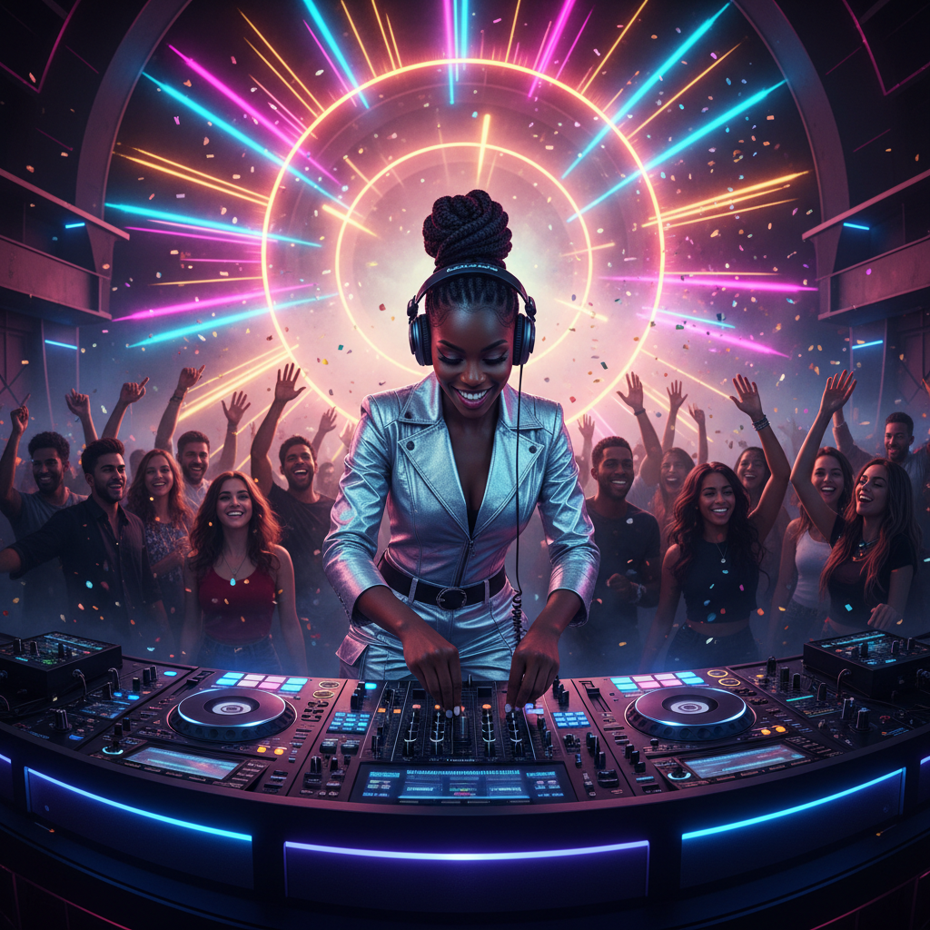 A dynamic African American female DJ confidently mixing tracks on a state-of-the-art console, surrounded by vibrant light effects. Her expression is focused and energetic, with a diverse crowd visible enjoying the music in the background. Shot on Canon EOS R5, 35mm lens, natural lighting, editorial photography.
