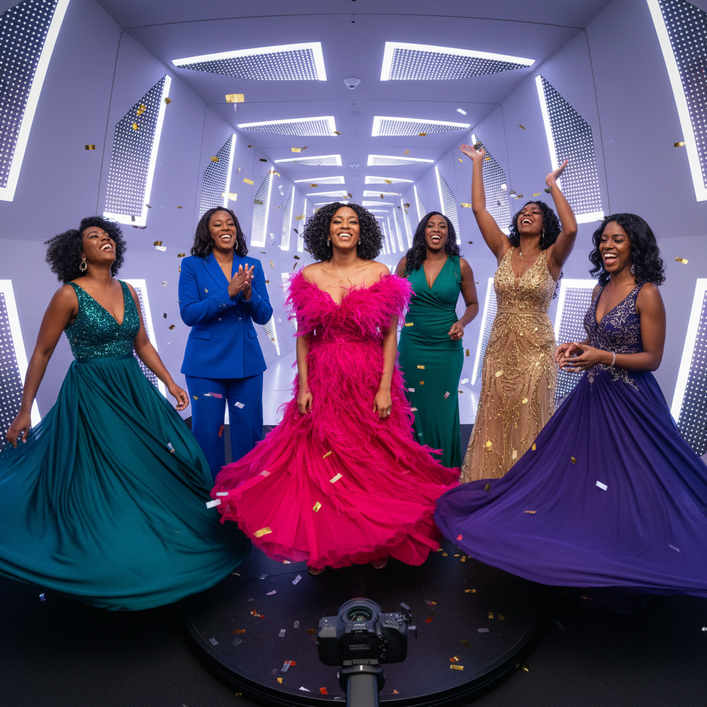 A group of elegantly dressed Black women laughing and posing for a 360-degree video booth at a gala event, their vibrant outfits swirling as the camera captures them. The background is a sleek, modern design.