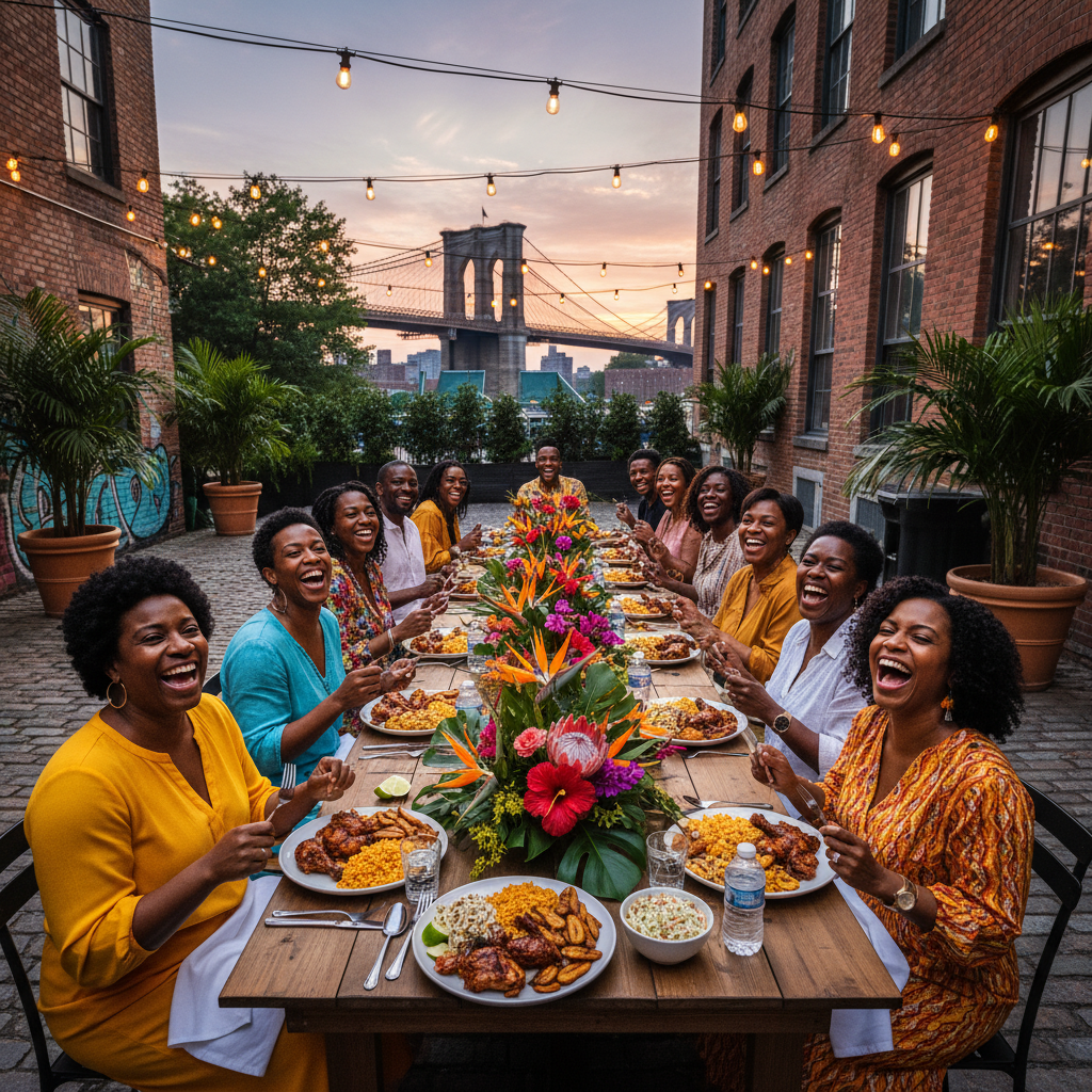 A diverse group of African American and Afro-Caribbean guests laughing and enjoying plates of jerk chicken, rice and peas, and plantains at a beautifully decorated outdoor event in Brooklyn, with string lights overhead and vibrant floral centerpieces.