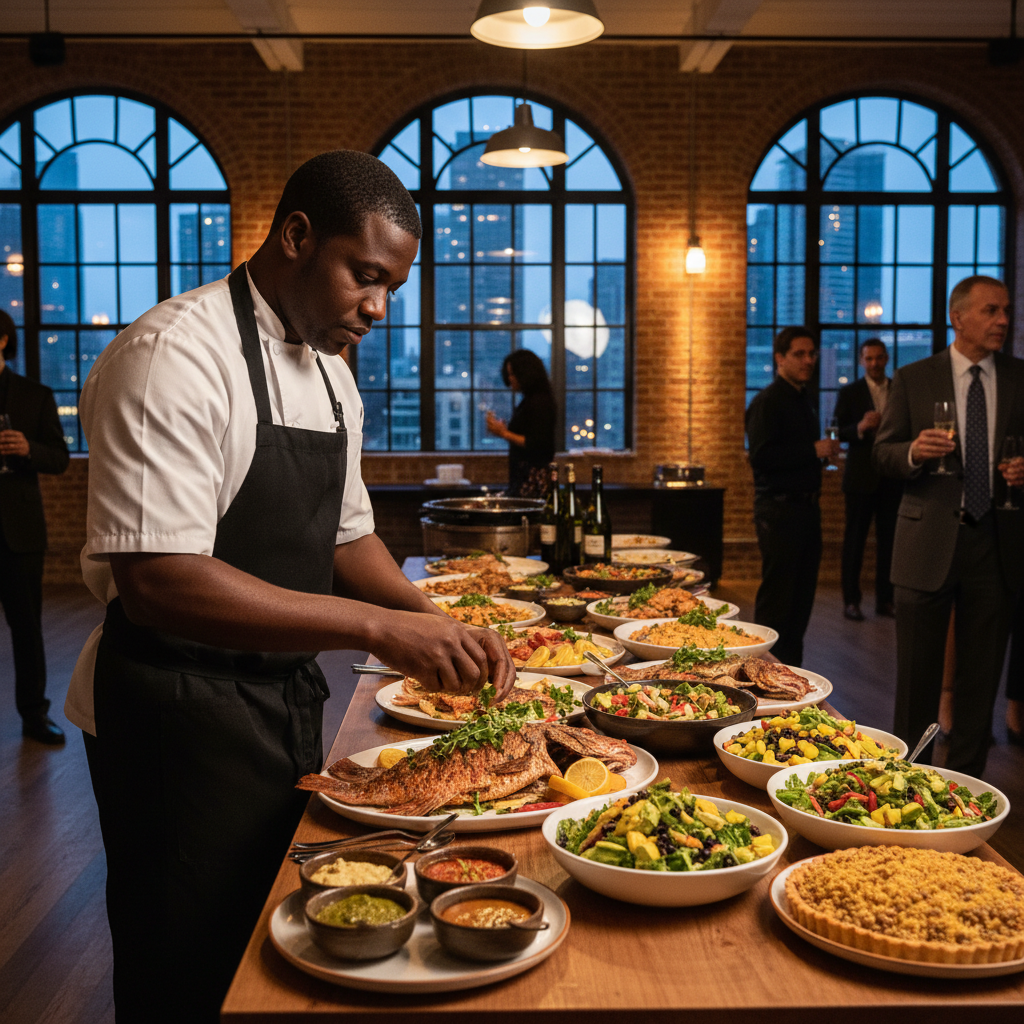 A professional African American chef meticulously arranging colorful Caribbean dishes like roasted fish, vibrant salads, and rice in an elegant buffet line at a high-end event in a loft space in Manhattan, with soft lighting.