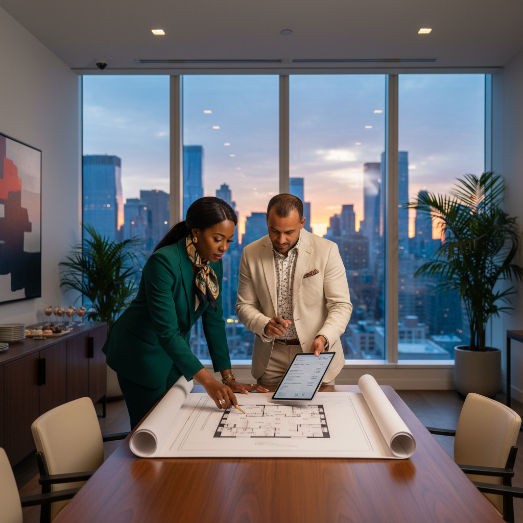 An African American event planner in a chic suit consulting with a Caribbean catering manager, reviewing a floor plan and discussing food service logistics in a sophisticated, modern event space overlooking the Manhattan skyline at dusk.