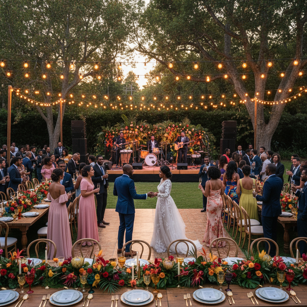 A vibrant outdoor wedding reception for an African American couple, set in a lush garden estate in Los Angeles. Guests are mingling, dressed in elegant attire, with string lights overhead and a live band playing Afrobeat music in the background. Shot on Canon EOS R5, 35mm lens, natural lighting, editorial photography.
