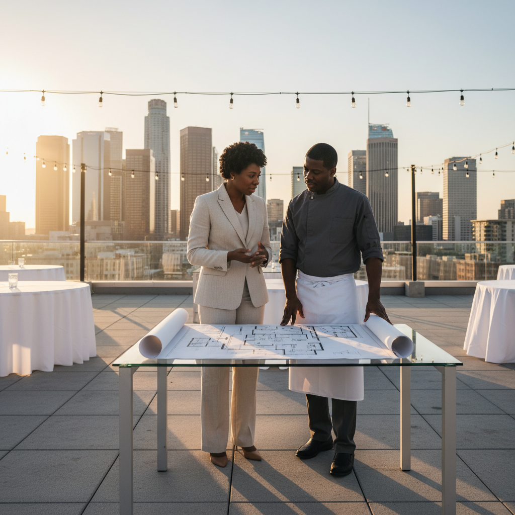 An African American event planner on a rooftop venue in downtown Los Angeles, discussing logistics with a Black catering manager. They are looking at a floor plan, with the city skyline in the background. Shot on Canon EOS R5, 35mm lens, natural lighting, editorial photography.