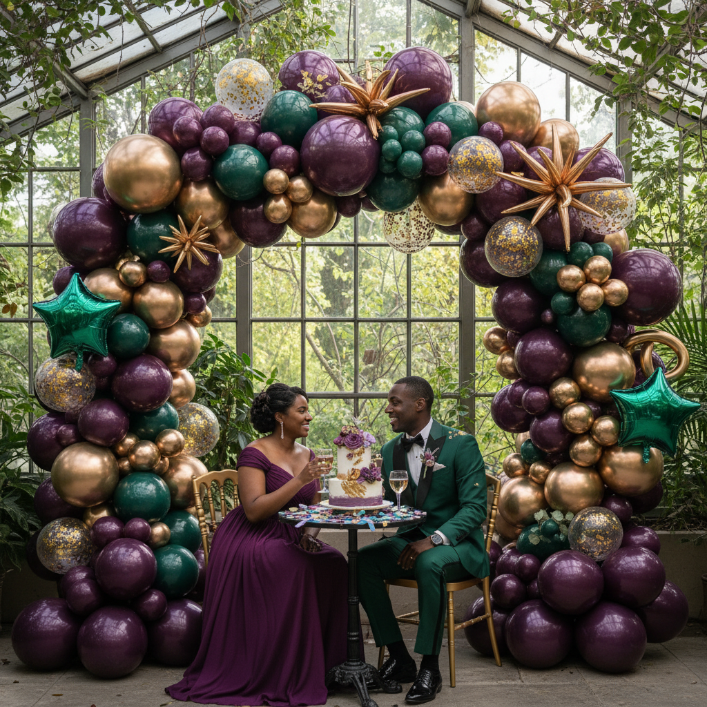 A vibrant, organic balloon garland installation in rich purples, golds, and emerald greens, featuring various balloon sizes and metallic accents, creating a stunning backdrop for a seated African American couple celebrating an anniversary. Shot on Canon EOS R5, 35mm lens, natural lighting, editorial photography.