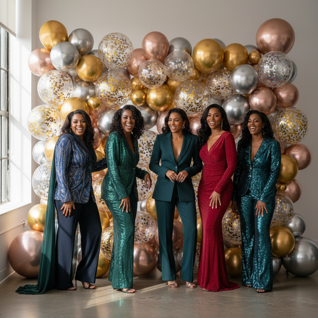 A group of stylish African American women posing in front of a shimmering balloon photo booth backdrop featuring various shades of metallic gold, silver, and rose gold, with some clear balloons filled with confetti. Shot on Canon EOS R5, 50mm lens, studio lighting, fashion photography.