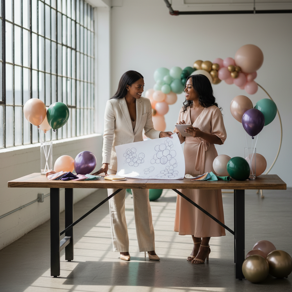 An elegant African American event planner reviewing sketches of a balloon installation with a client in a modern, sunlit studio, surrounded by various balloon samples and color swatches. Shot on Canon EOS R5, 85mm lens, natural lighting, editorial photography.
