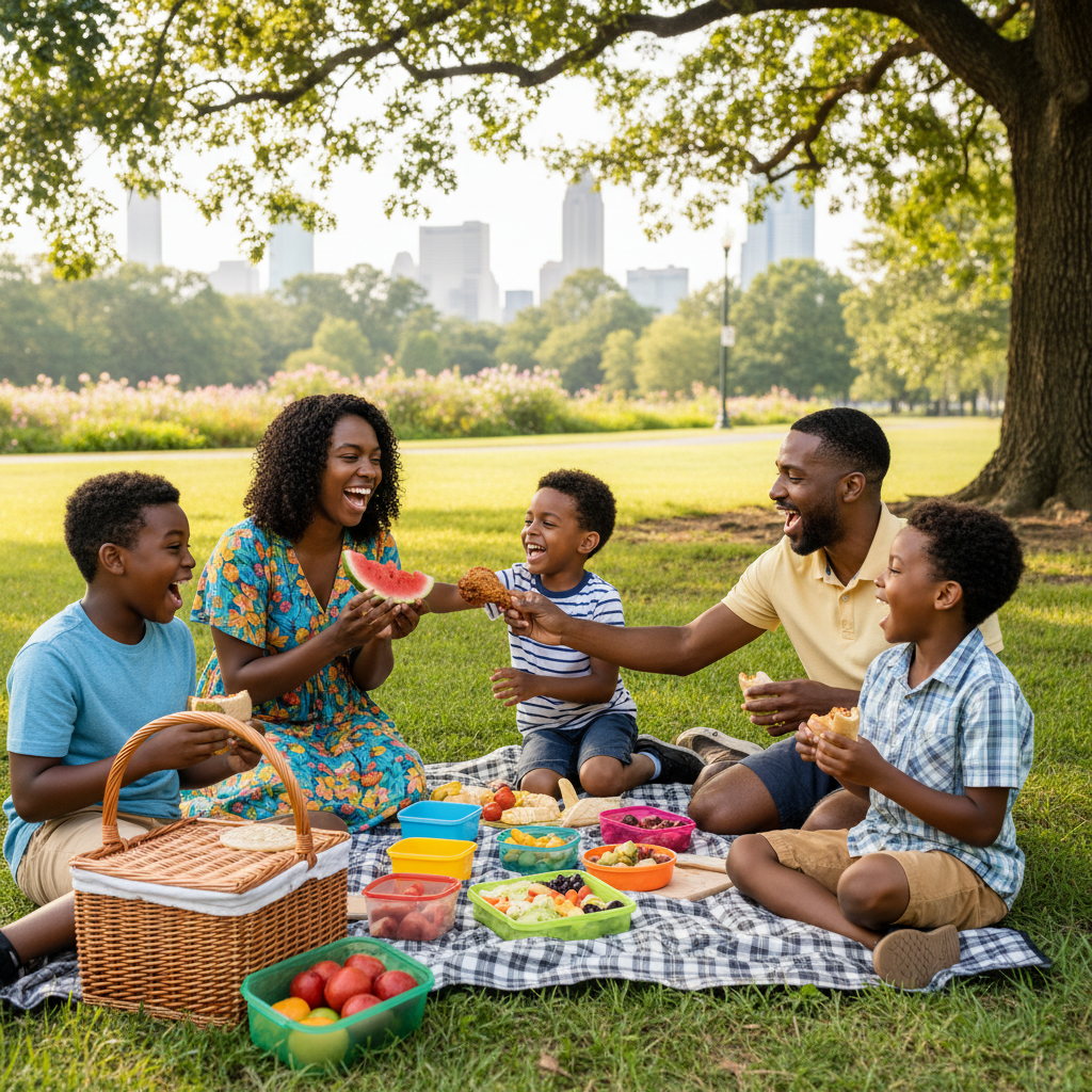 A vibrant scene of an African American family enjoying a picnic in an Atlanta park, laughing and sharing food.