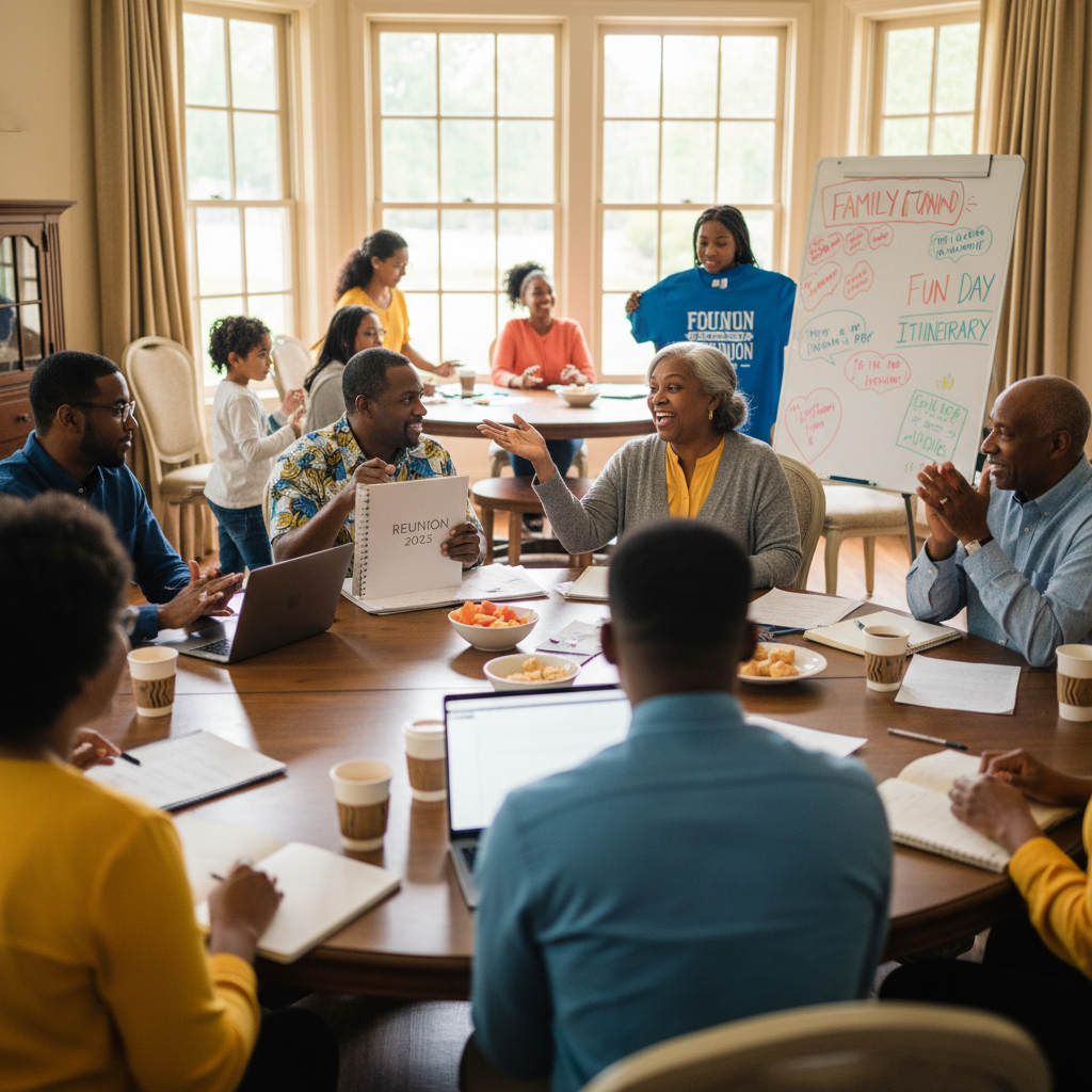 A diverse group of African American family members, spanning generations, actively participating in a reunion committee meeting, discussing plans with enthusiasm.