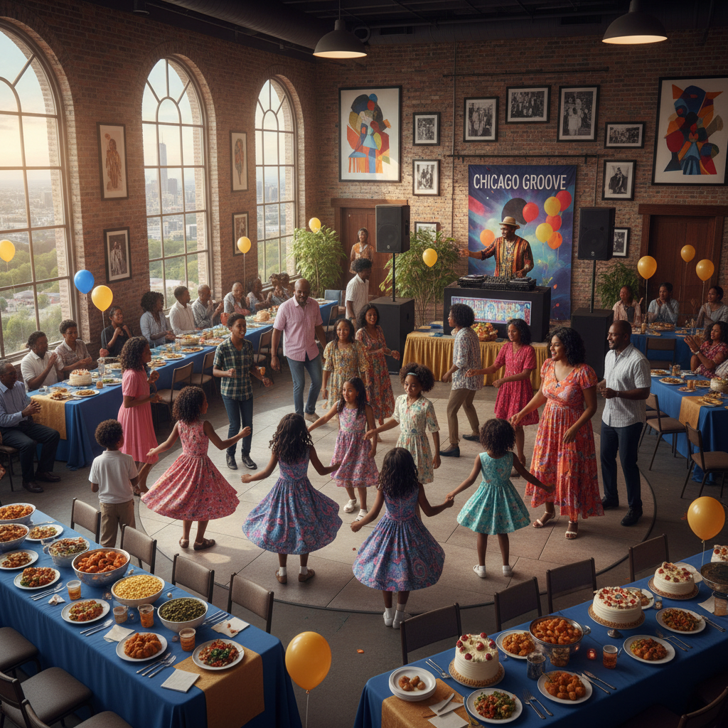 Vibrant scene of an African American family reunion in Chicago, with various generations dancing to a DJ's music in a spacious event hall. Shot on Canon EOS R5, 35mm lens, natural lighting, editorial photography.
