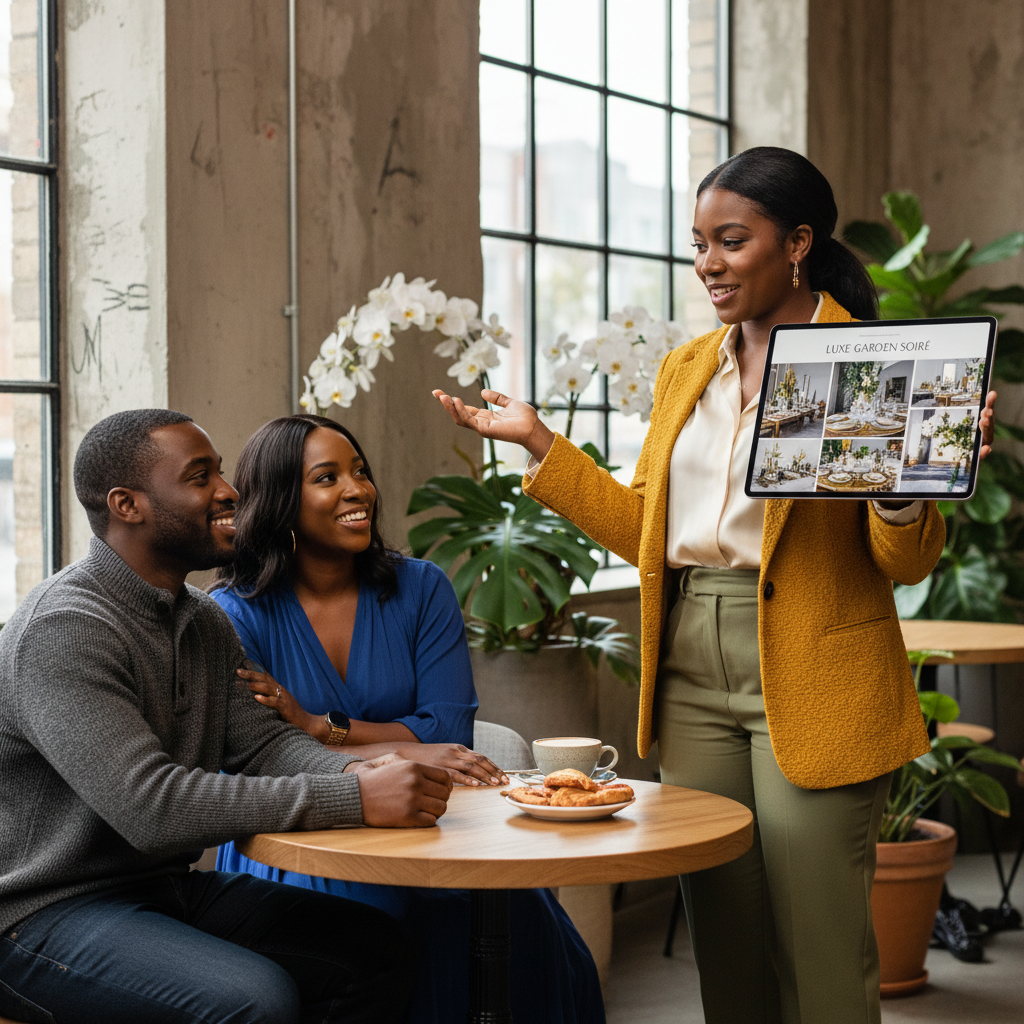 A confident African American female event planner in a chic blazer and tailored pants, animatedly discussing design concepts with a Black couple at a modern coffee shop. She points to a vibrant mood board on a large tablet, showcasing elegant table settings and floral arrangements, while the couple nods in agreement.