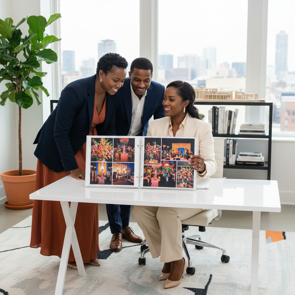 A Black event planner, impeccably dressed, sits at a sleek desk in her modern office, confidently presenting a physical portfolio book filled with stunning event photographs to an engaged African American couple, who are smiling and nodding in approval.