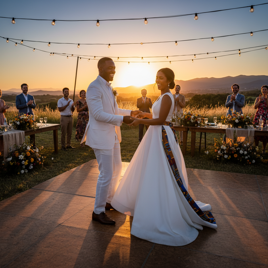 An African American groom in a crisp linen suit smiling broadly as he dances with his bride, who wears a modern wedding dress with subtle Ankara fabric accents, on a rustic outdoor dance floor at sunset. Shot on Canon EOS R5, 35mm lens, natural lighting, editorial photography.
