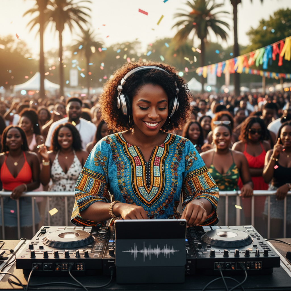 A Black female DJ in her late 20s, wearing stylish headphones and a vibrant Ankara print top, energetically mixing music on a modern DJ controller at a lively outdoor daytime event in Charlotte. The sun is shining, and diverse Black guests are dancing in the background. Shot on Canon EOS R5, 35mm lens, natural lighting, editorial photography.