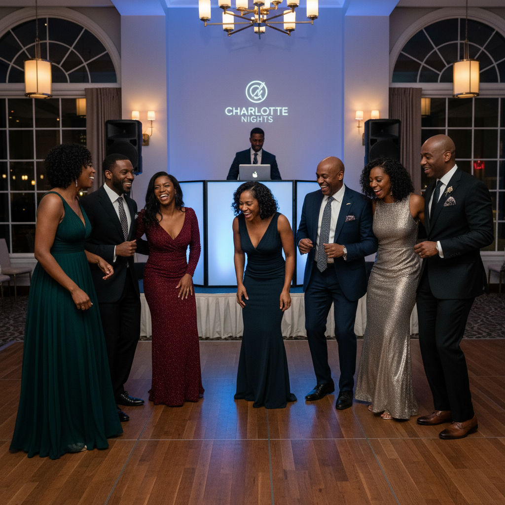 A group of elegantly dressed Black women and men in their 30s-40s laughing and dancing together on a well-lit dance floor at a sophisticated indoor event in Charlotte. A DJ booth with subtle blue uplighting is visible in the background. Shot on Canon EOS R5, 35mm lens, natural lighting, editorial photography.