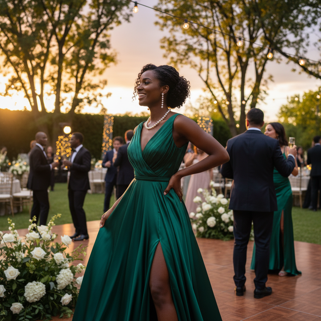 A Black woman in a vibrant emerald green gown confidently striking a pose, looking over her shoulder with a radiant smile, at a beautifully decorated outdoor event. Natural light highlights her features and the texture of her dress.