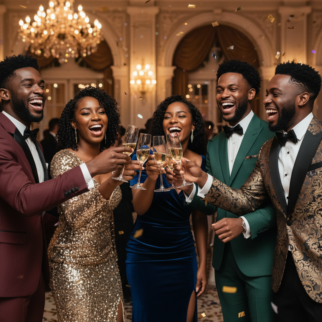 A group of African American friends, dressed in festive attire, laughing and toasting each other with champagne flutes at a lively indoor event. Their expressions are joyful and uninhibited.