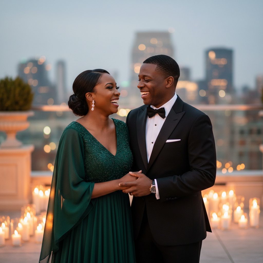 An African American couple, dressed elegantly for a formal event, sharing a tender, genuine laugh while looking into each other's eyes, with soft ambient lighting creating a romantic atmosphere.