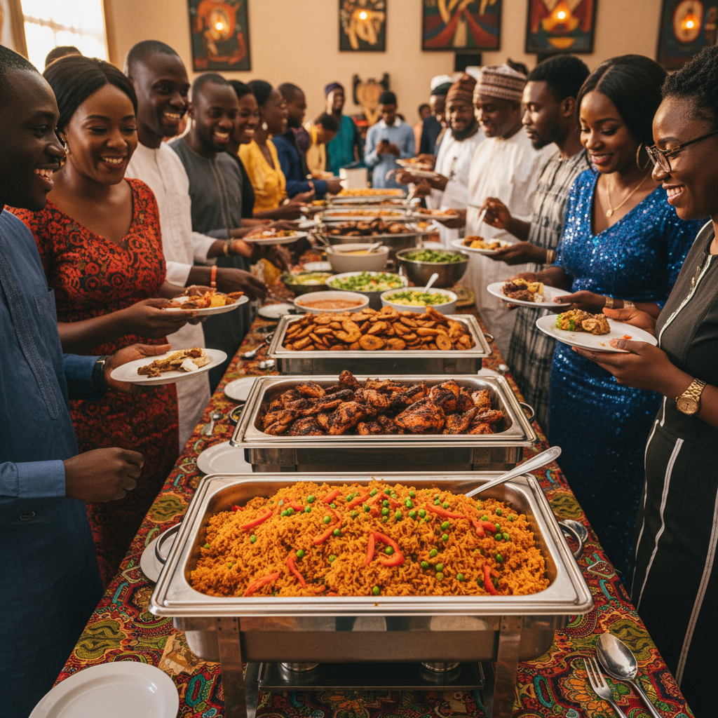 A diverse group of Black event guests happily queuing at a vibrant buffet line, with large chafing dishes prominently displaying steaming Nigerian Jollof rice, fried plantains, and grilled chicken. The atmosphere is festive and lively, with warm lighting.