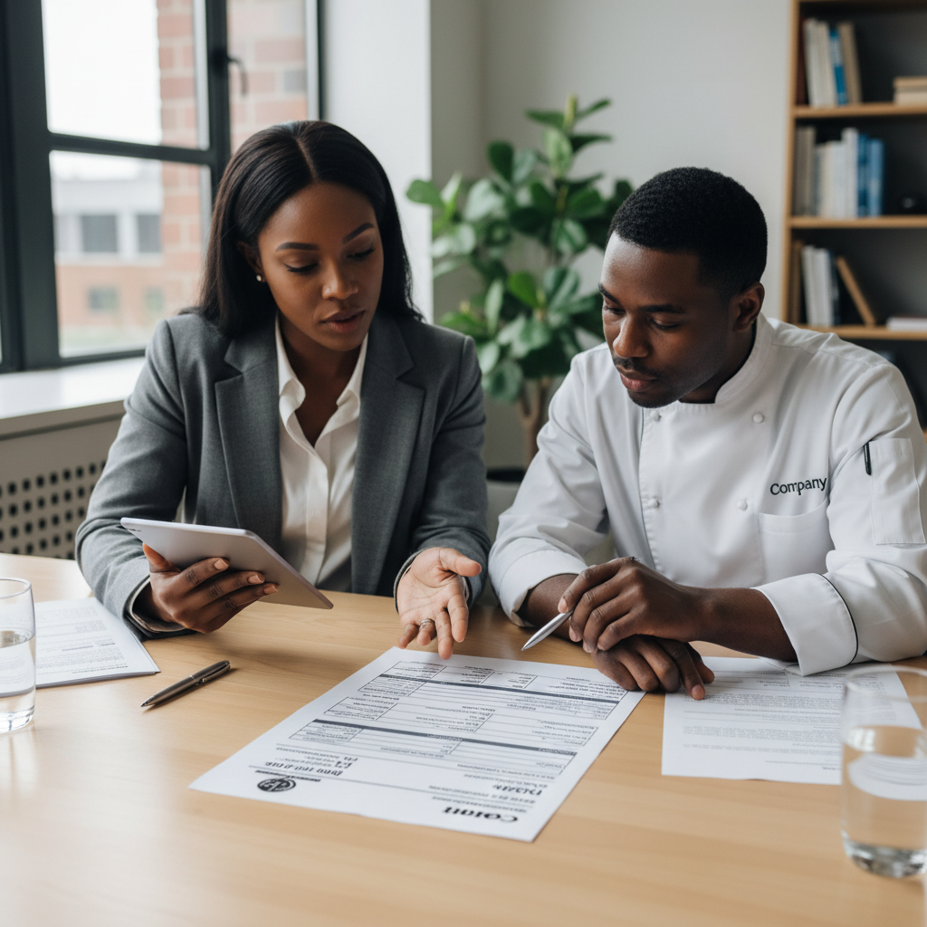 A professional Black event planner reviews a detailed catering invoice with a Black caterer, seated at a modern office table, discussing quantities and service charges for a large event. The atmosphere is serious and focused.
