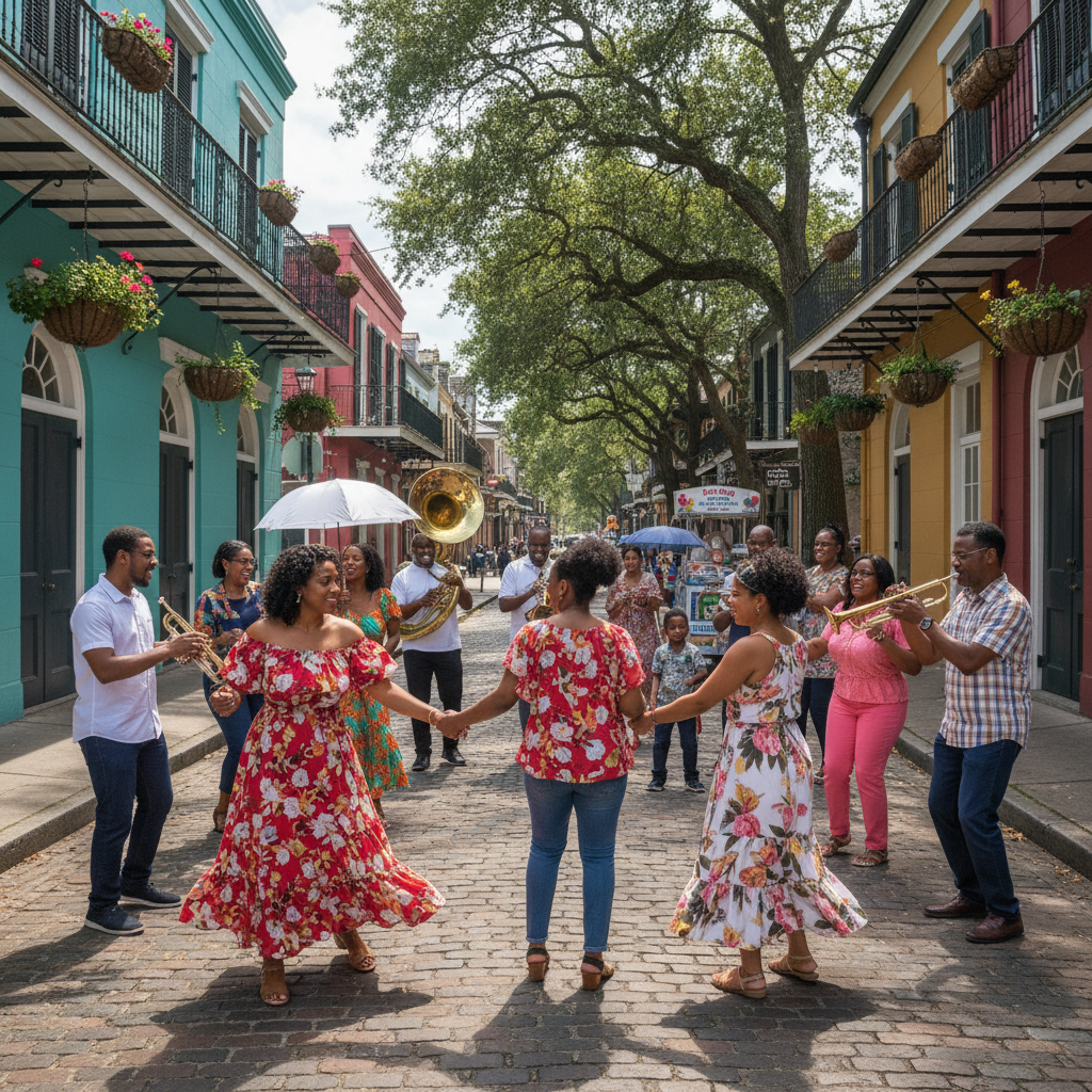 A vibrant street scene in the historic Tremé neighborhood of New Orleans, featuring African American families enjoying live brass band music, colorful Creole architecture, and people dancing joyfully in the street. Shot on Canon EOS R5, 35mm lens, natural lighting, editorial photography.
