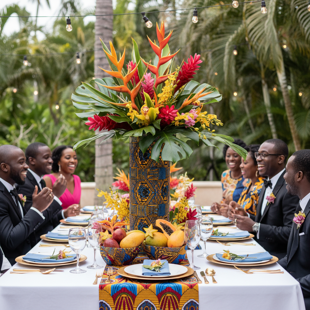 A beautifully set wedding reception table adorned with vibrant Ankara fabric centerpieces. A tall vase wrapped in blue and gold Ankara holds a lush arrangement of tropical flowers and greenery. Shot on Canon EOS R5, 35mm lens, natural lighting, editorial photography.