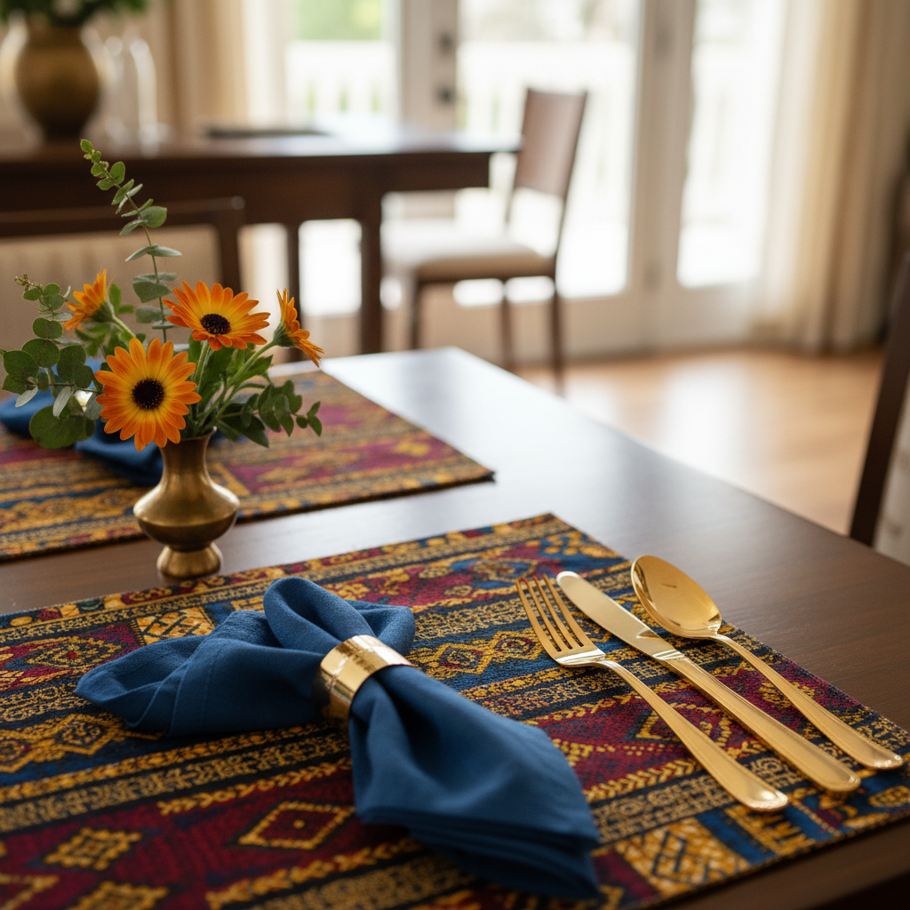 A close-up shot of a meticulously arranged table setting with an Ankara fabric placemat, a folded napkin, gold cutlery, and a small floral arrangement. The background is slightly blurred, focusing on the intricate patterns and textures. Shot on Canon EOS R5, 35mm lens, natural lighting, editorial photography.