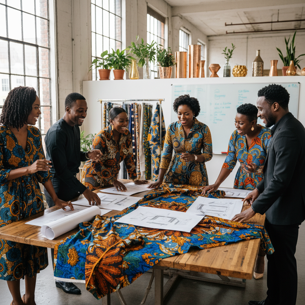 A group of African American event planners and a decorator reviewing Ankara fabric swatches and design sketches at a brightly lit studio. They are smiling and engaged in discussion, surrounded by various fabric samples and decor elements. Shot on Canon EOS R5, 35mm lens, natural lighting, editorial photography.
